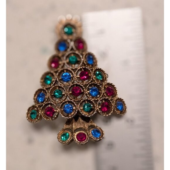 Vintage Rhinestone Christmas Tree Brooch Pin Colorful Gems Lapel - Picture 3 of 6